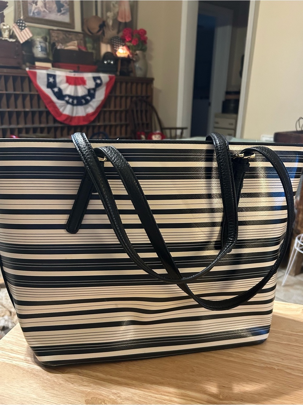 Anne Klein Perfect Tote Black White Stripe Small Shopper EUC - Picture 4 of 7